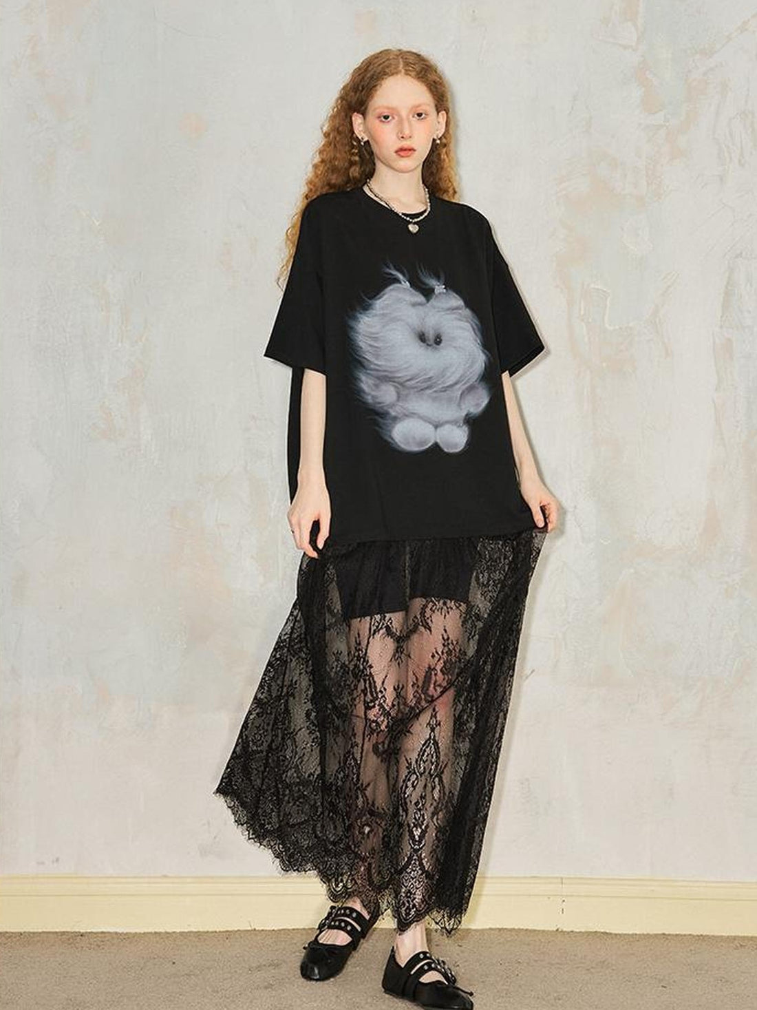 DIDDI MODA Monster Print Lace Trim Oversized Tee Dress