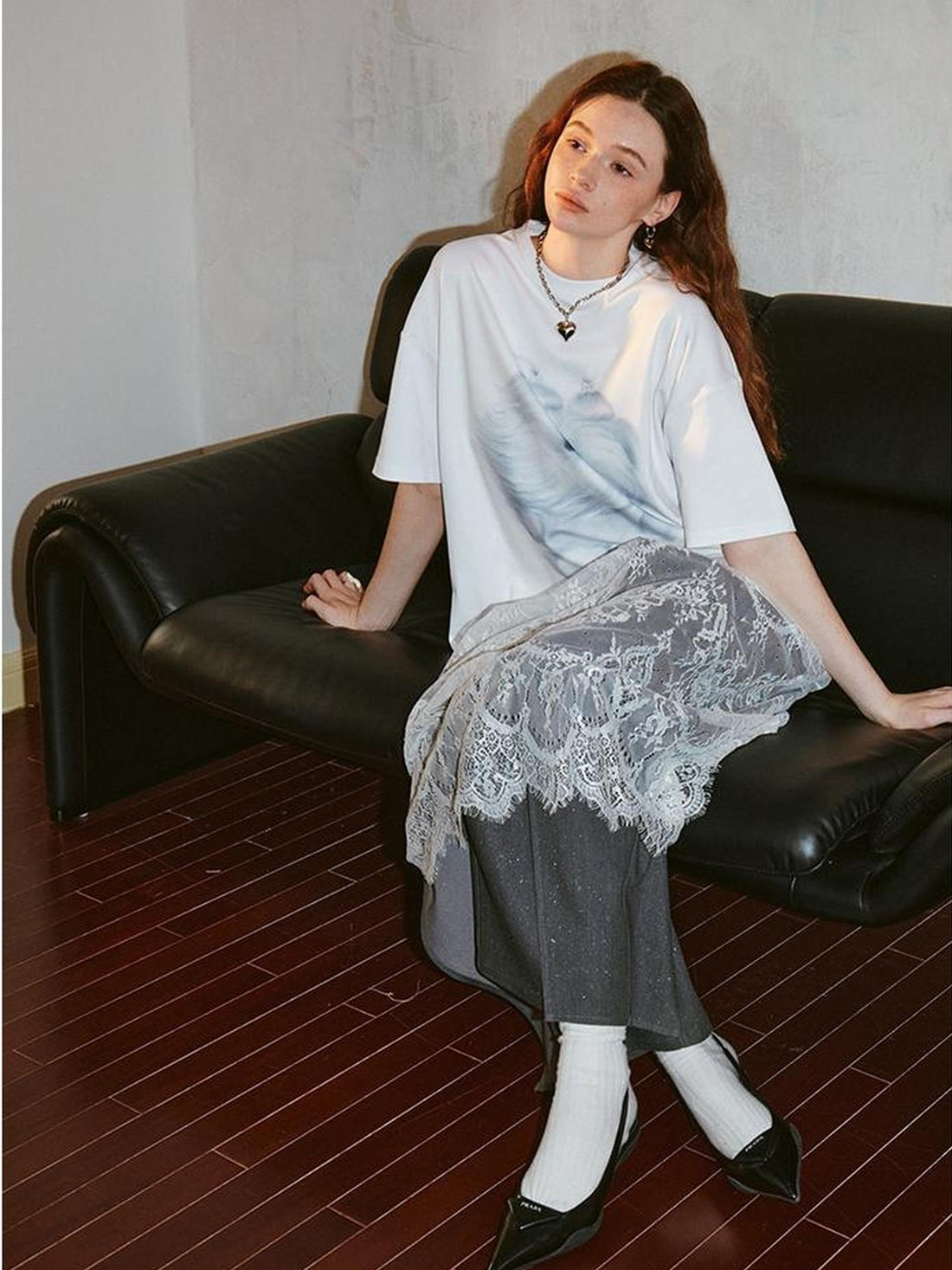 DIDDI MODA Monster Print Lace Trim Oversized Tee Dress