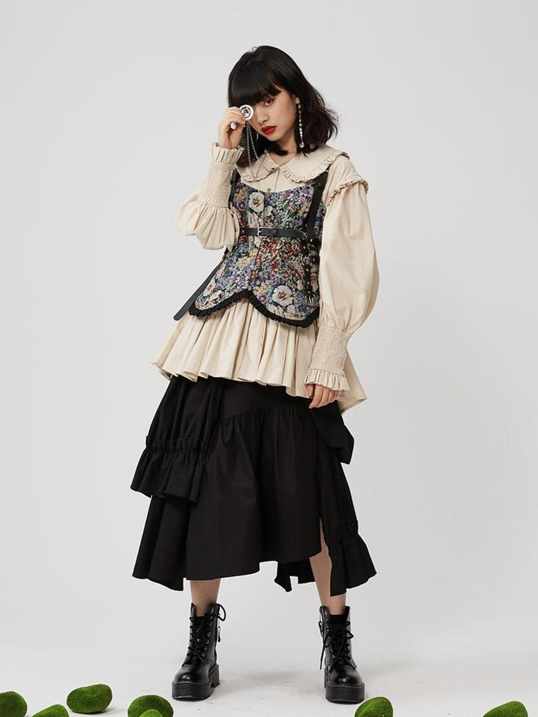 Sweet Mi Moonlit Asymmetry Shirring Pleated Skirt