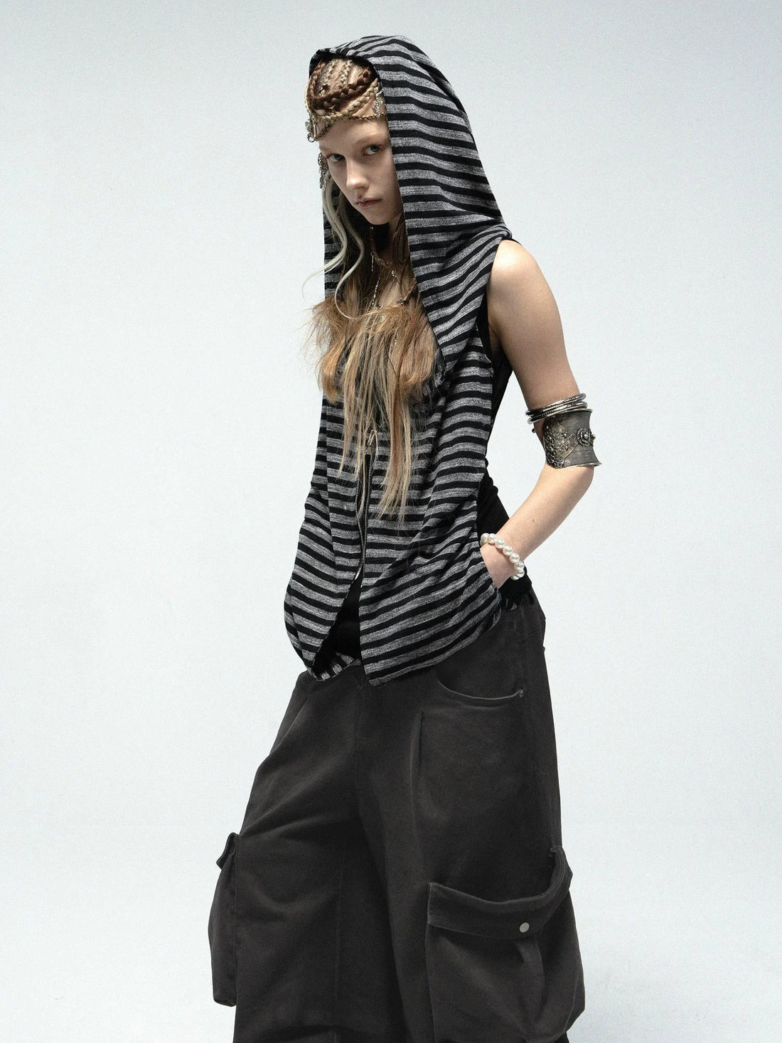 Multi-Way Striped Hooded Layered Zip Vest T-Shirt