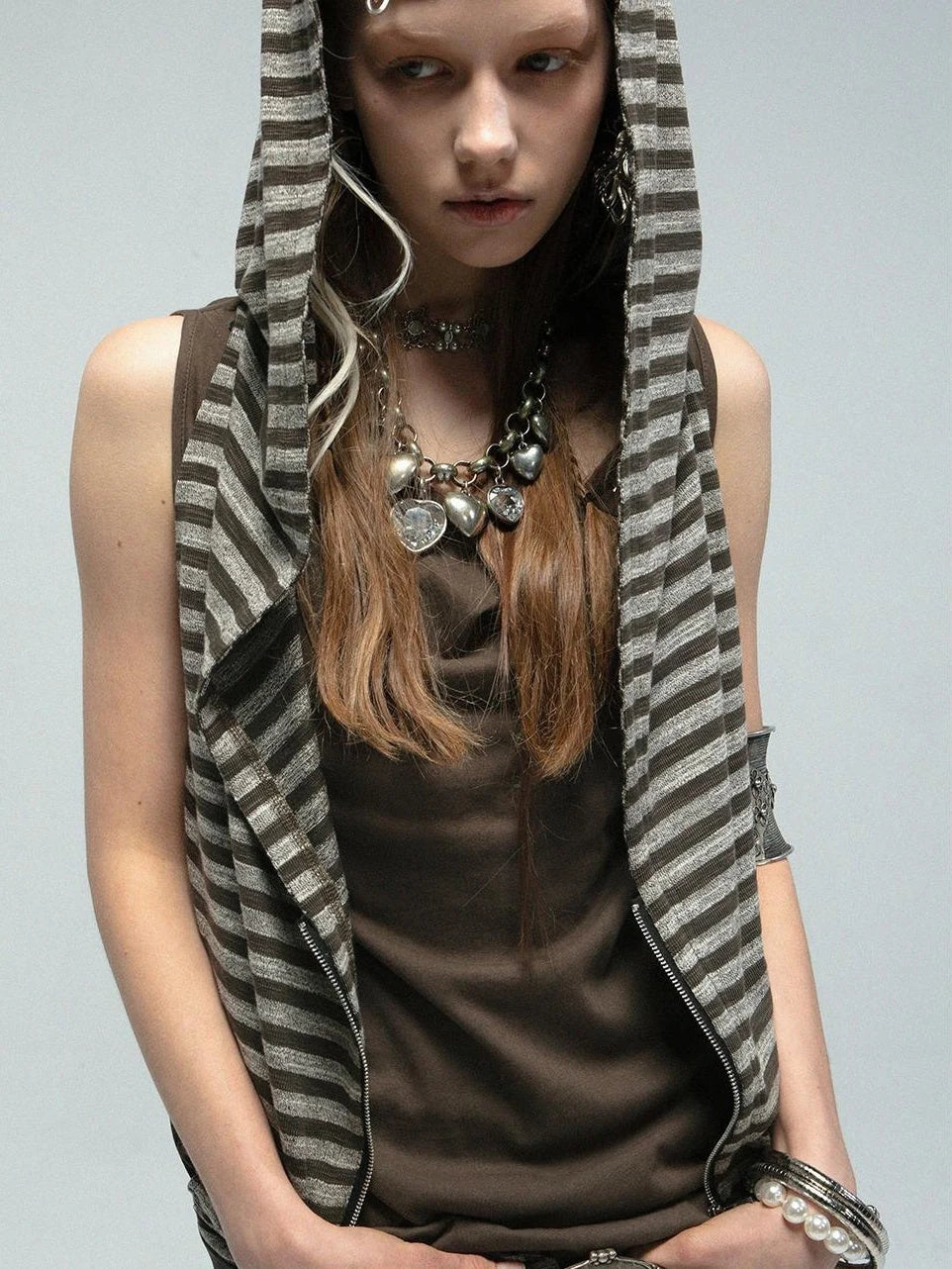 Multi-Way Striped Hooded Layered Zip Vest T-Shirt