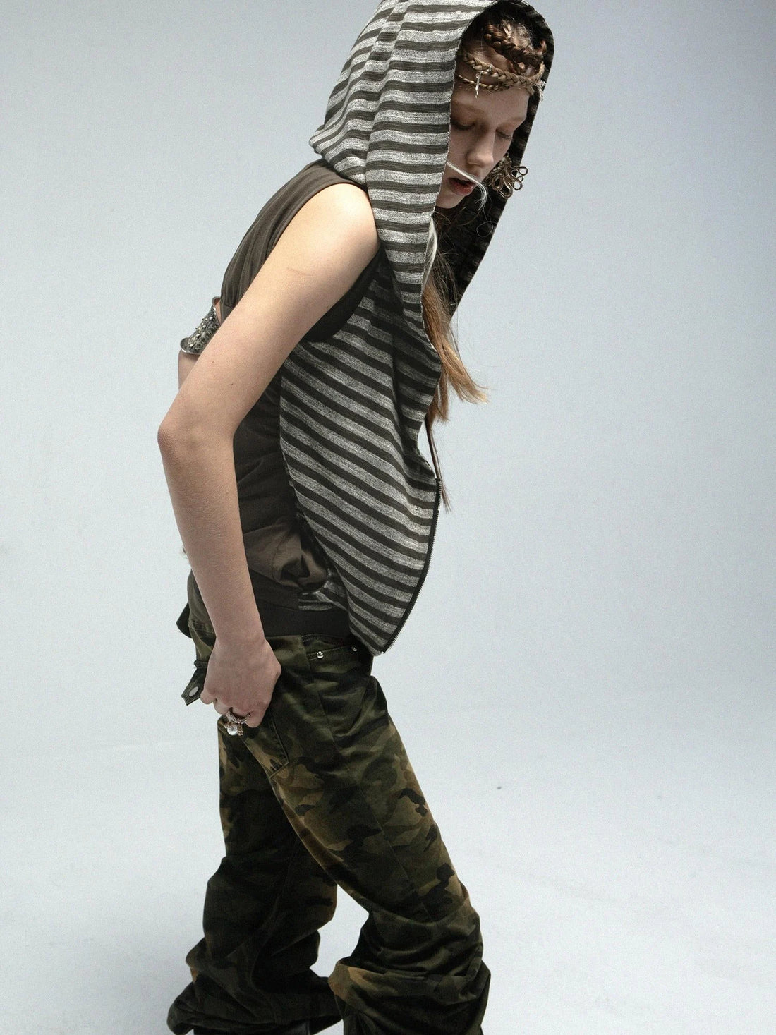 Multi-Way Striped Hooded Layered Zip Vest T-Shirt
