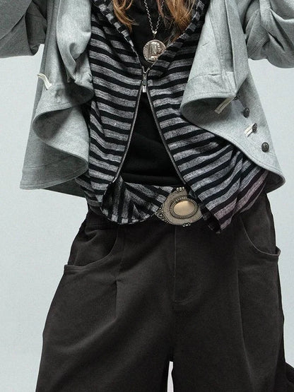 Multi-Way Striped Hooded Layered Zip Vest T-Shirt