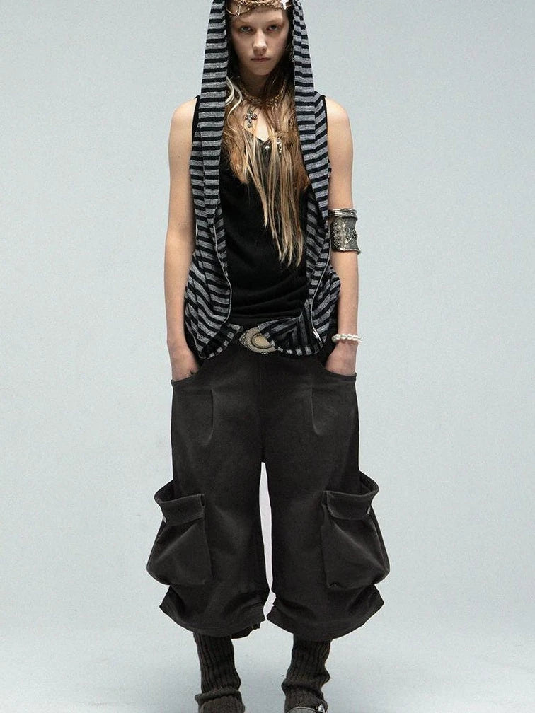 Multi-Way Striped Hooded Layered Zip Vest T-Shirt