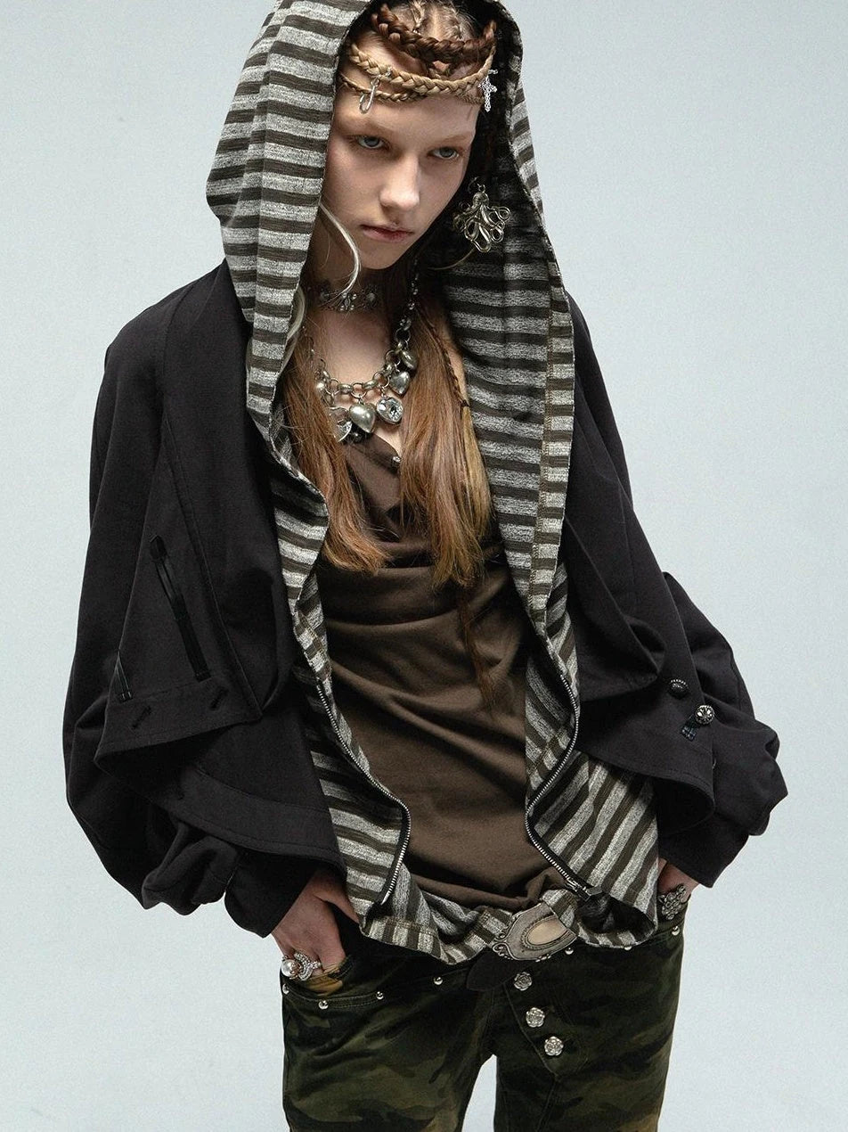 Multi-Way Striped Hooded Layered Zip Vest T-Shirt