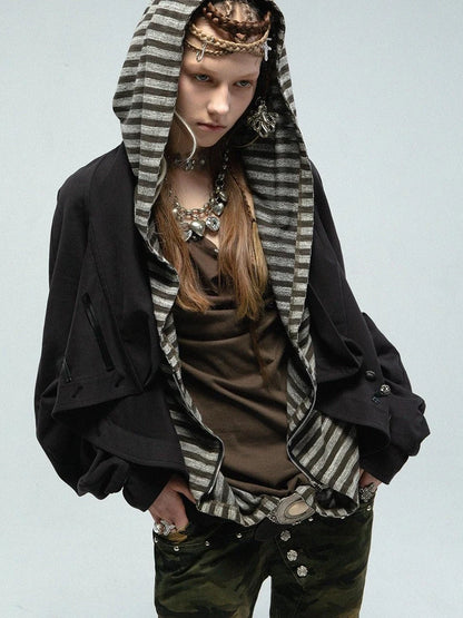 Multi-Way Striped Hooded Layered Zip Vest T-Shirt