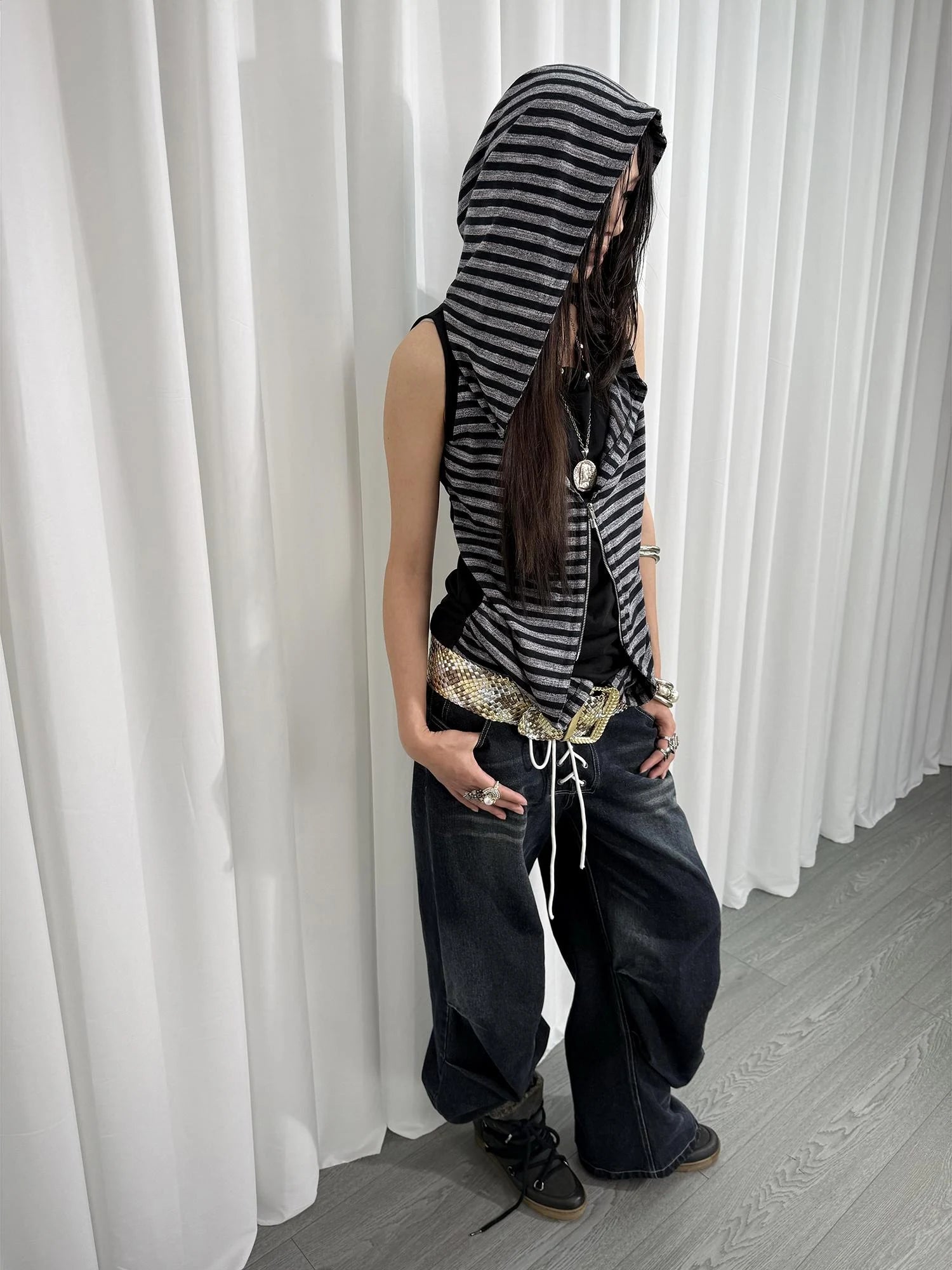 Multi-Way Striped Hooded Layered Zip Vest T-Shirt
