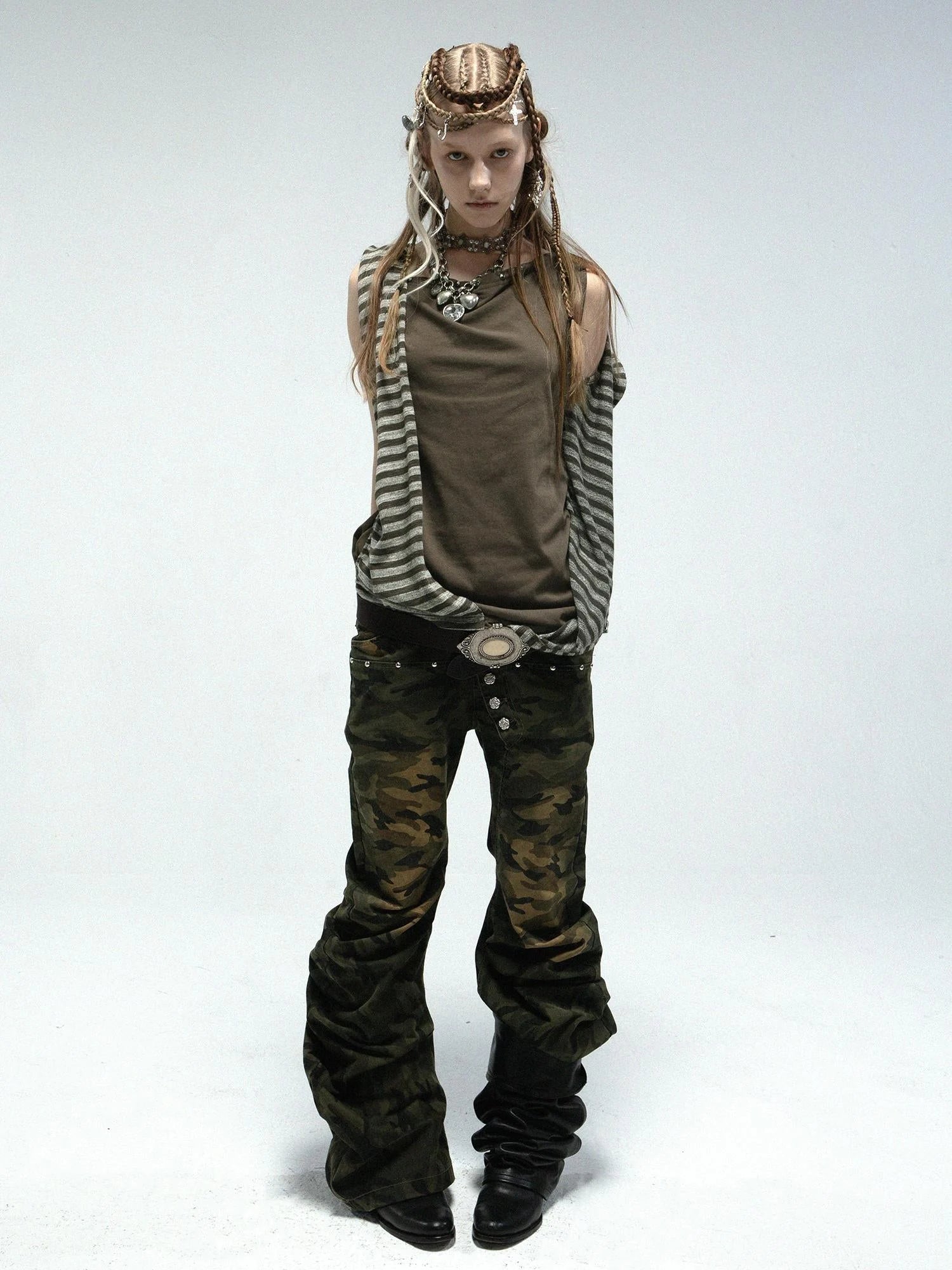 Multi-Way Striped Hooded Layered Zip Vest T-Shirt