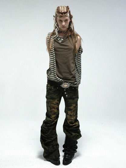 Multi-Way Striped Hooded Layered Zip Vest T-Shirt
