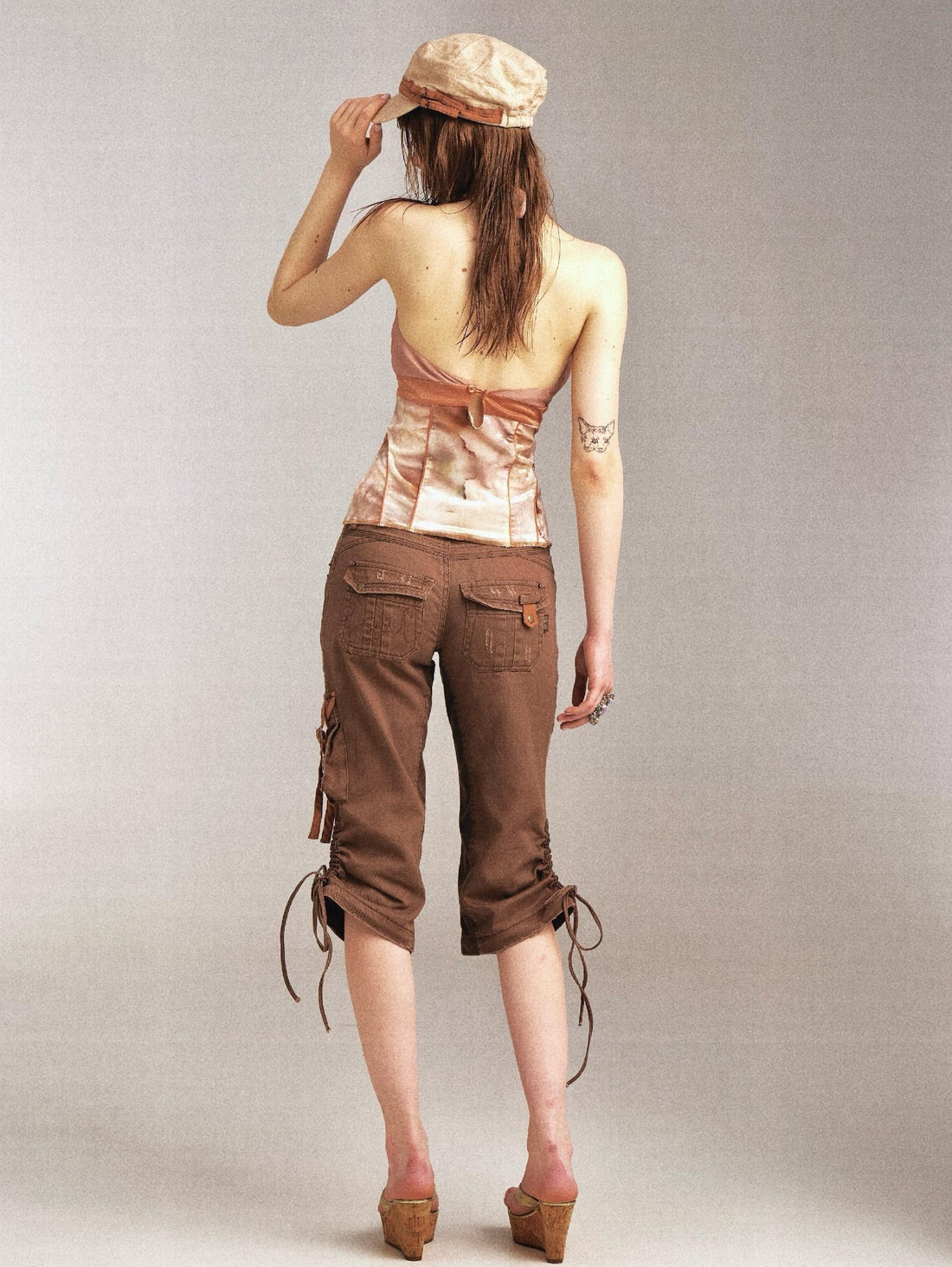 Flowers birds Market Multi-Pocket Denim Patchwork Flared Trousers With Detachable Cropped Pants