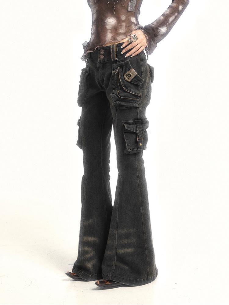 Flowers birds Market Multi-Pocket Vintage Stretch Denim Slim-Fit Flared Trousers
