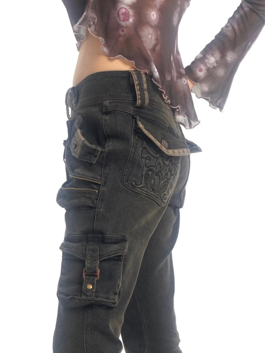 Flowers birds Market Multi-Pocket Vintage Stretch Denim Slim-Fit Flared Trousers