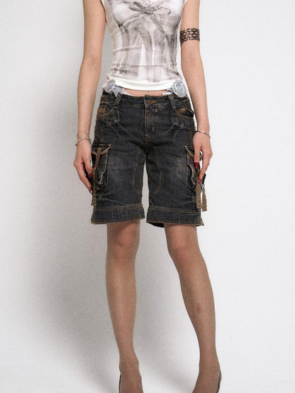Flowers birds Market Multi-Pocket Vintage Washed Denim Low-Rise Design Shorts