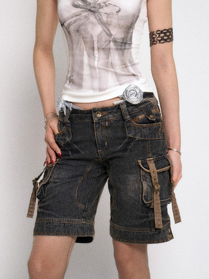 Flowers birds Market Multi-Pocket Vintage Washed Denim Low-Rise Design Shorts