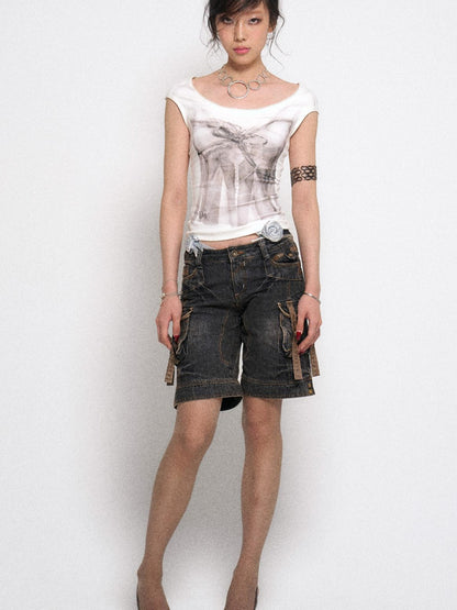 Flowers birds Market Multi-Pocket Vintage Washed Denim Low-Rise Design Shorts