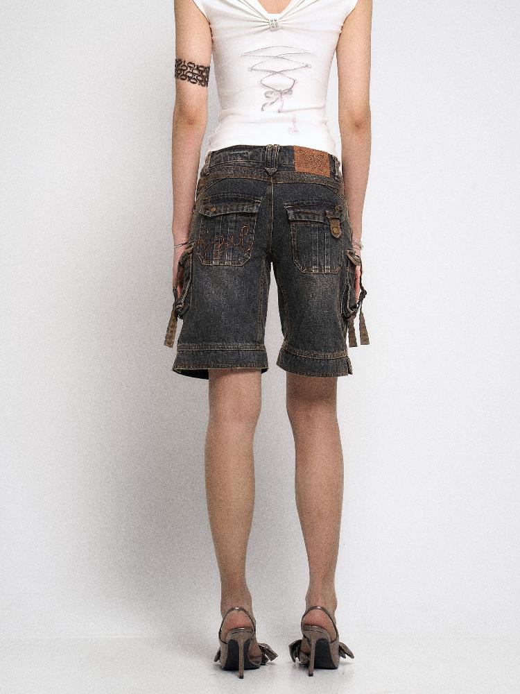 Flowers birds Market Multi-Pocket Vintage Washed Denim Low-Rise Design Shorts