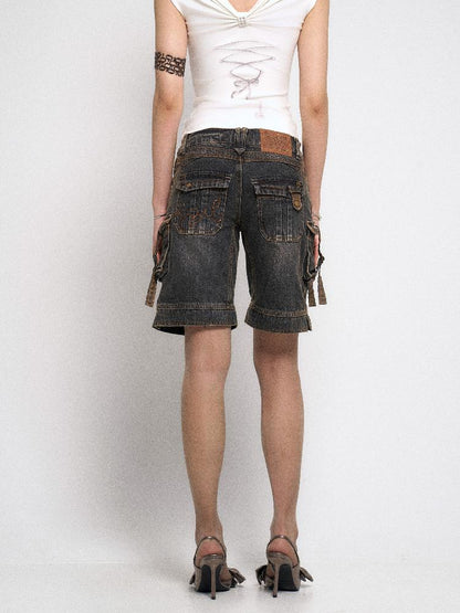 Flowers birds Market Multi-Pocket Vintage Washed Denim Low-Rise Design Shorts