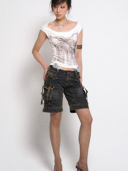 Flowers birds Market Multi-Pocket Vintage Washed Denim Low-Rise Design Shorts