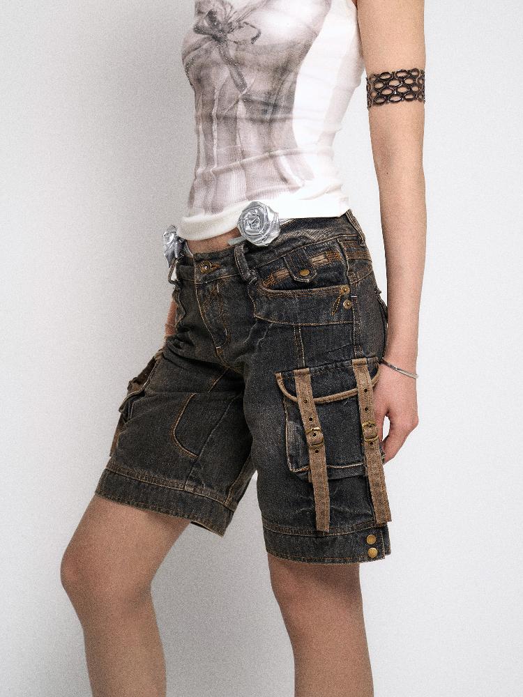 Flowers birds Market Multi-Pocket Vintage Washed Denim Low-Rise Design Shorts