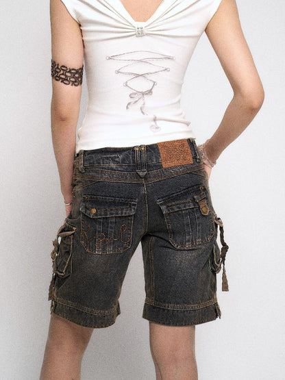 Flowers birds Market Multi-Pocket Vintage Washed Denim Low-Rise Design Shorts