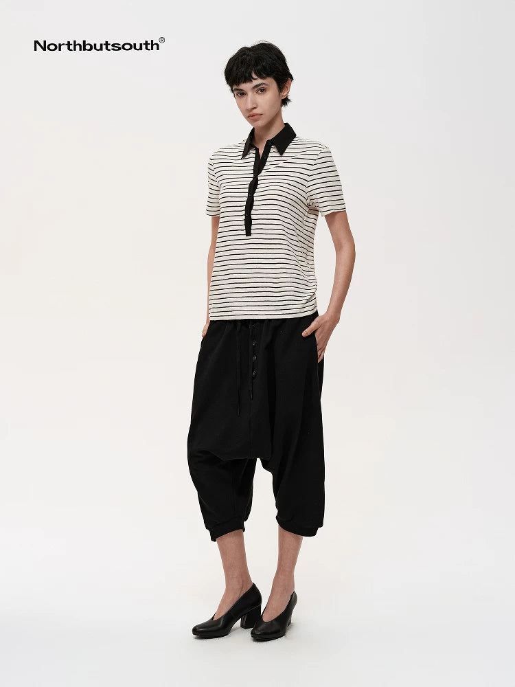 Multi Button Drawstring Drop Crotch Casual Shorts