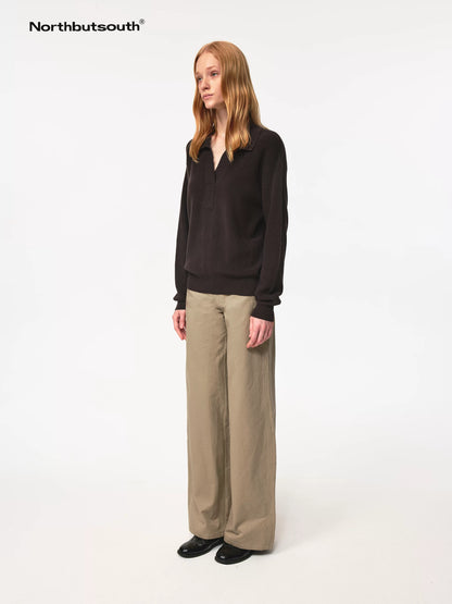 Multi Button Twill Relaxed Fit Straight Leg Pants