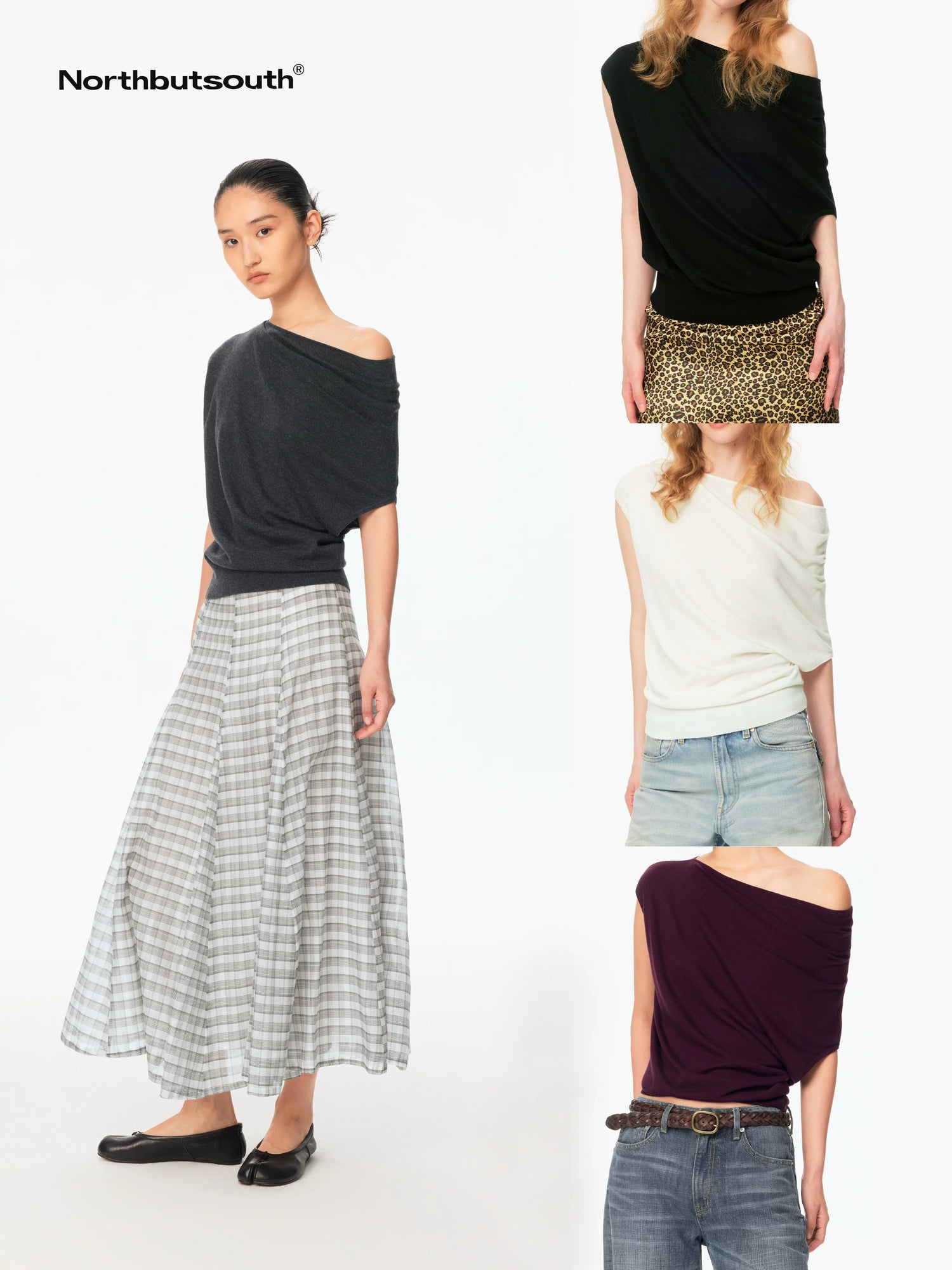 Multicolor Knit Gathered Slanted Neck Women&