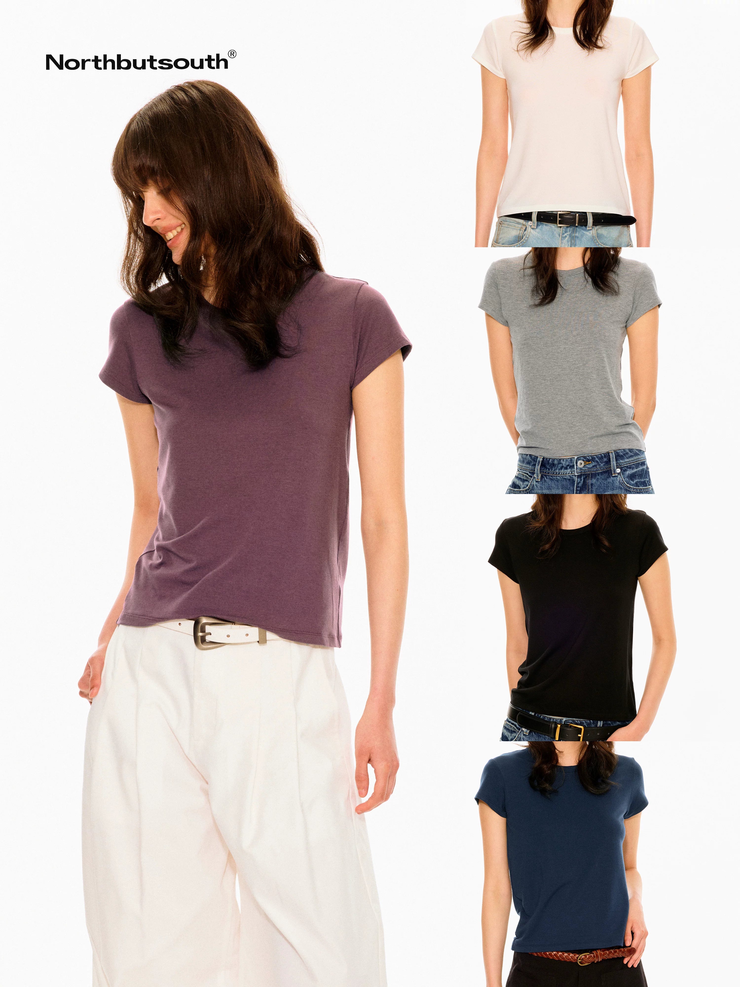 Multicolor Round Neck Slim Crop Women&