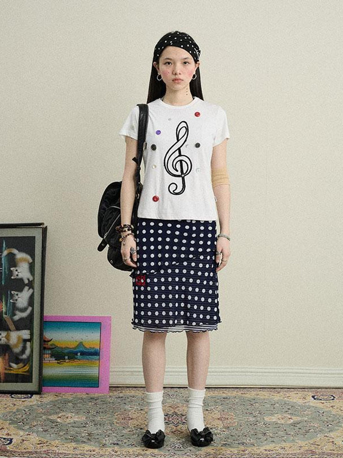 Achihara Music Button Embroidered Tc Fabric Short Sleeve T-Shirt