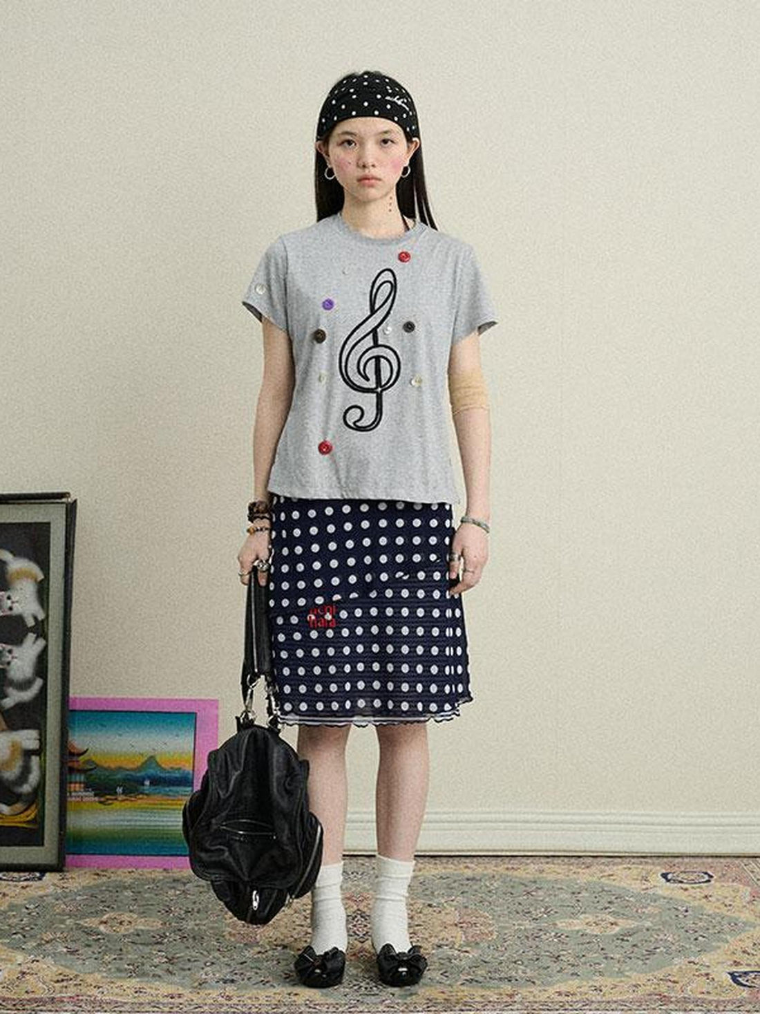 Achihara Music Button Embroidered Tc Fabric Short Sleeve T-Shirt