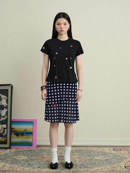 Achihara Music Button Embroidered Tc Fabric Short Sleeve T-Shirt