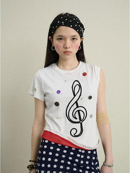 Achihara Music Button Embroidered Tc Fabric Short Sleeve T-Shirt