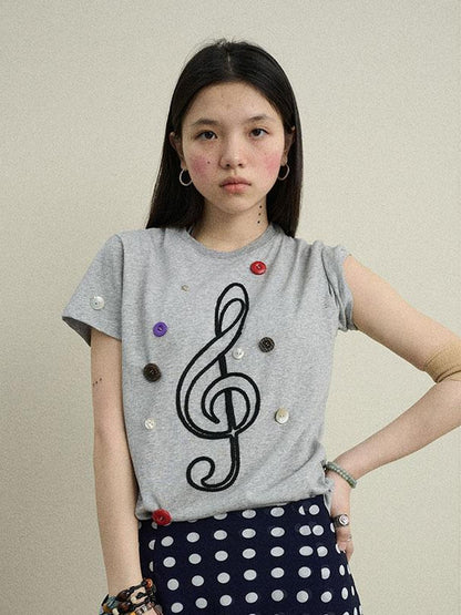 Achihara Music Button Embroidered Tc Fabric Short Sleeve T-Shirt