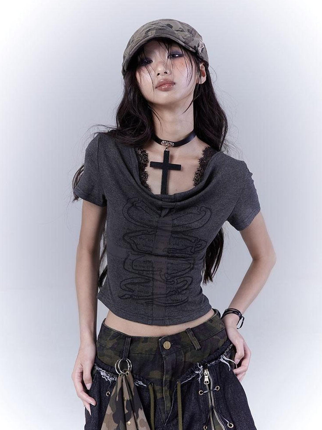 WSW WUSHENWU Mysterious Messenger Grey Cutout Cross Lace Tee