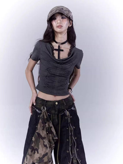 WSW WUSHENWU Mysterious Messenger Grey Cutout Cross Lace Tee