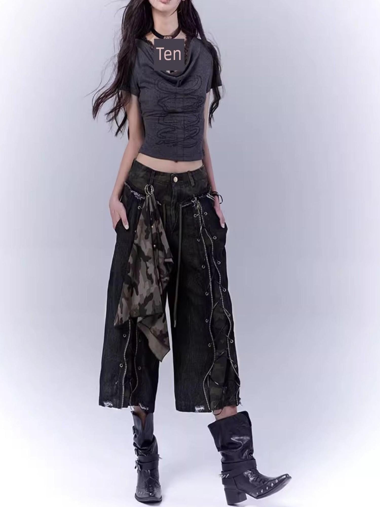 WSW WUSHENWU Mysterious Messenger Grey Cutout Cross Lace Tee