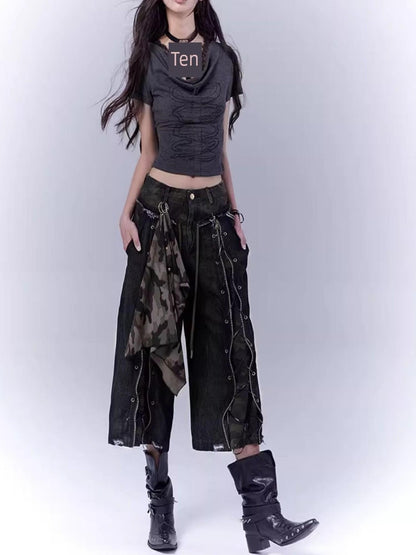 WSW WUSHENWU Mysterious Messenger Grey Cutout Cross Lace Tee
