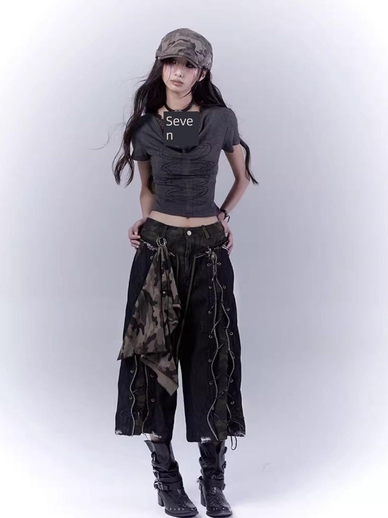 WSW WUSHENWU Mysterious Messenger Grey Cutout Cross Lace Tee