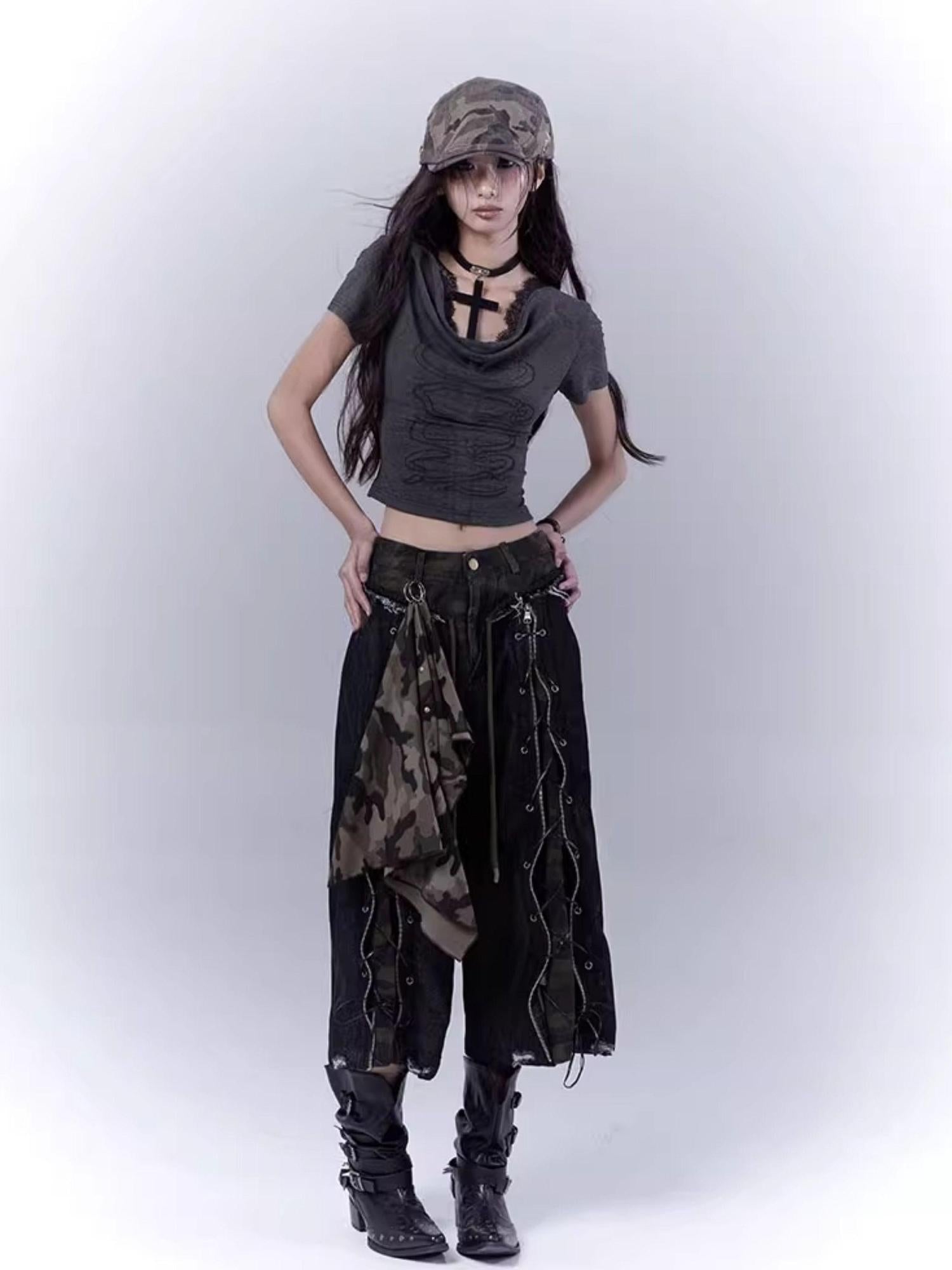 WSW WUSHENWU Mysterious Messenger Grey Cutout Cross Lace Tee