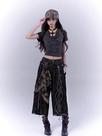 WSW WUSHENWU Mysterious Messenger Grey Cutout Cross Lace Tee