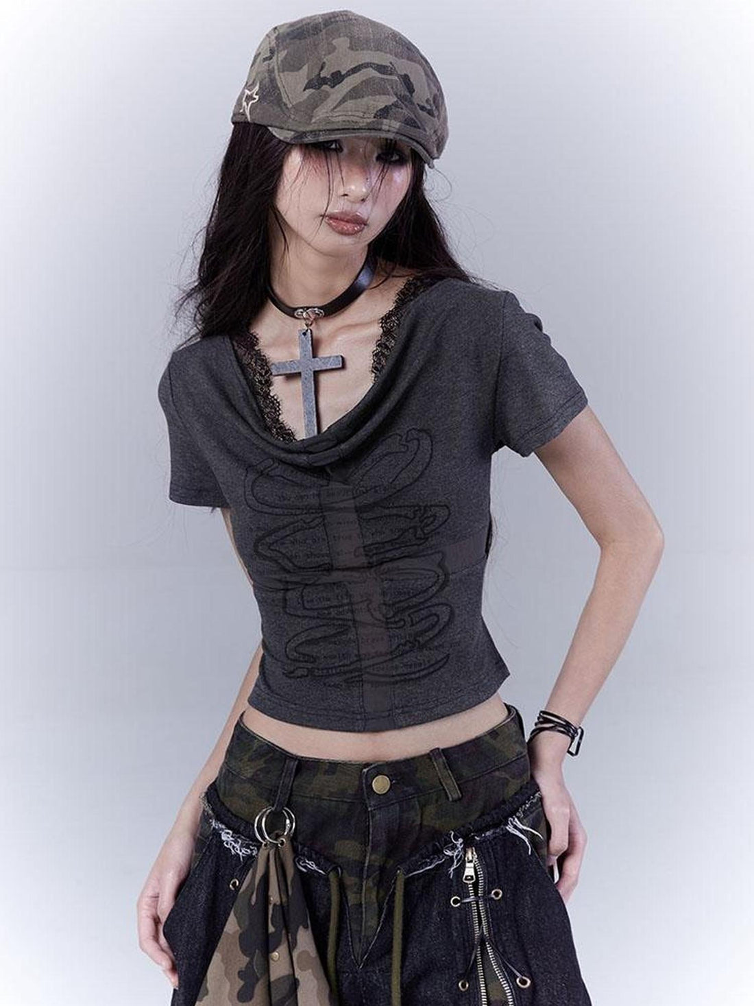 WSW WUSHENWU Mysterious Messenger Grey Cutout Cross Lace Tee