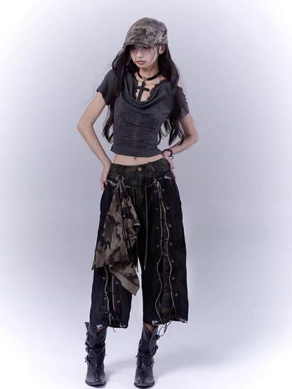 WSW WUSHENWU Mysterious Messenger Grey Cutout Cross Lace Tee