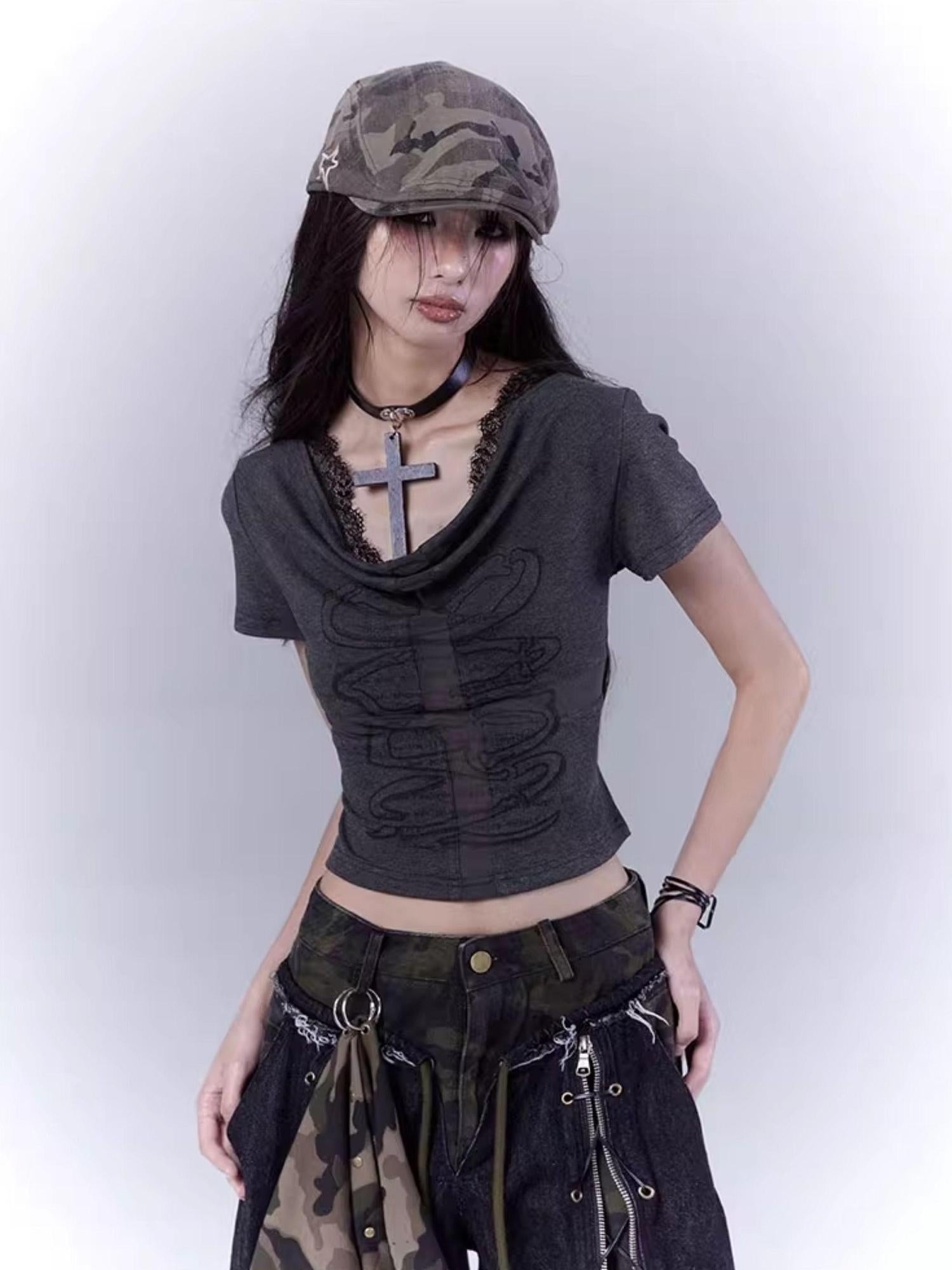 WSW WUSHENWU Mysterious Messenger Grey Cutout Cross Lace Tee