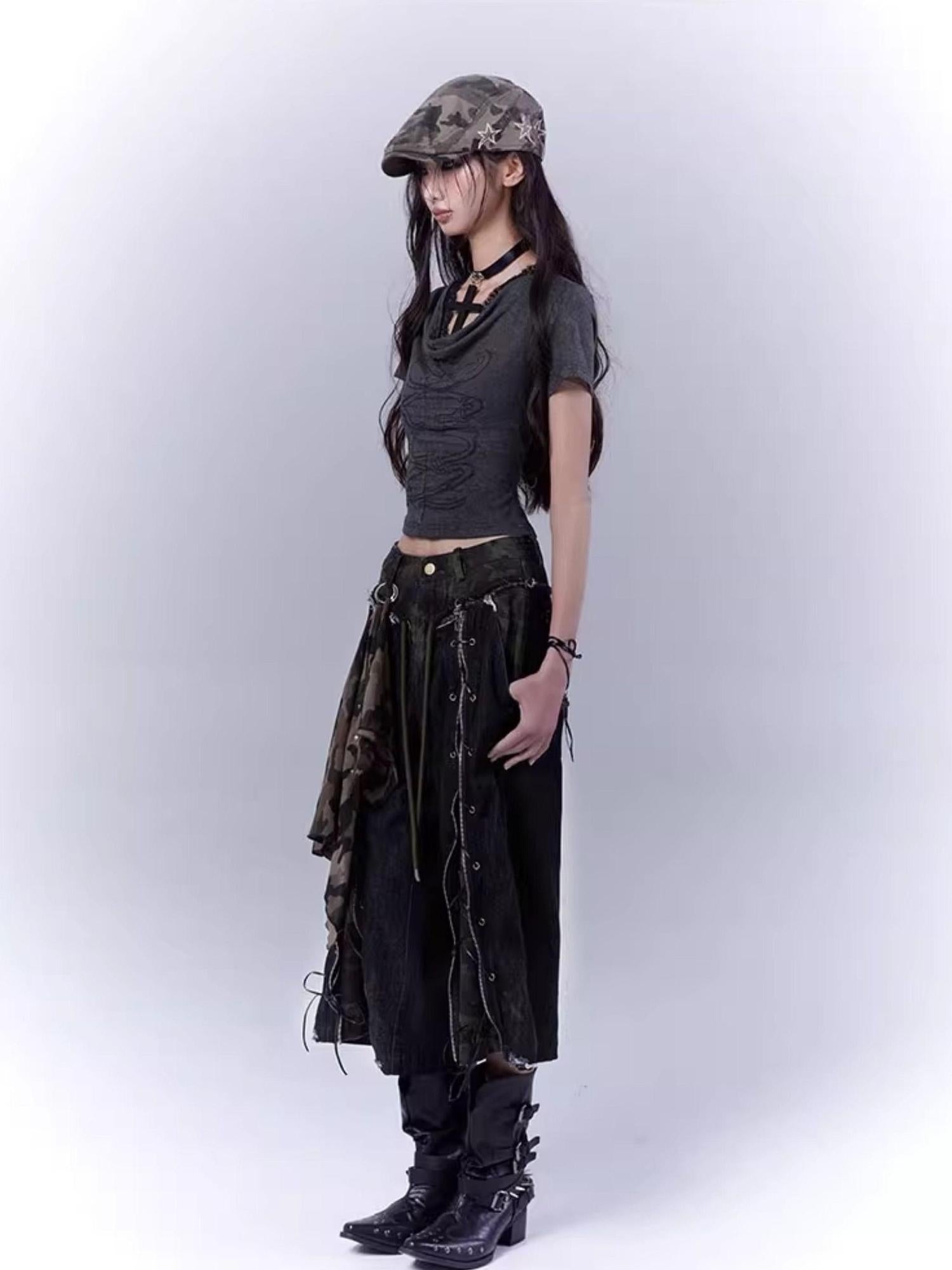 WSW WUSHENWU Mysterious Messenger Grey Cutout Cross Lace Tee