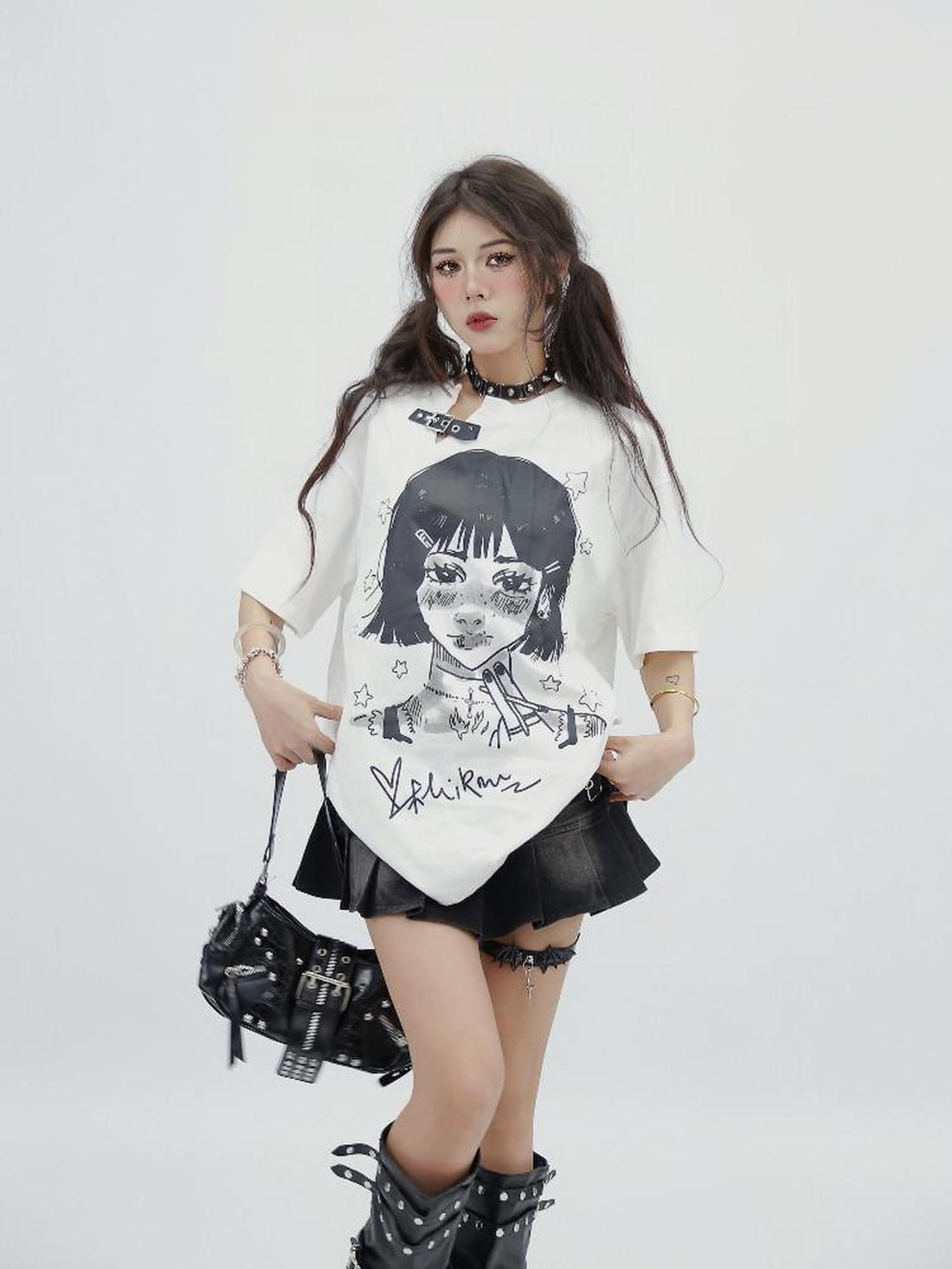 NANAICHILLI 100 Percent Cotton Loose Fit Street Printed White Crewneck Graphic T-Shirt