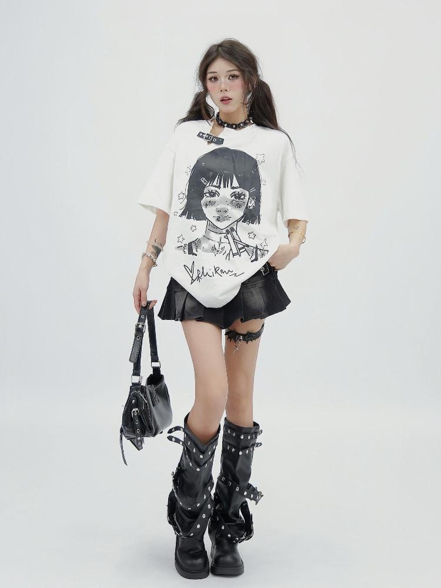 NANAICHILLI 100 Percent Cotton Loose Fit Street Printed White Crewneck Graphic T-Shirt