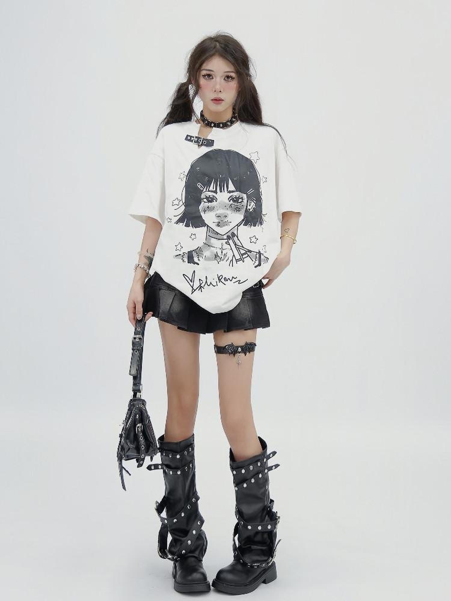 NANAICHILLI 100 Percent Cotton Loose Fit Street Printed White Crewneck Graphic T-Shirt