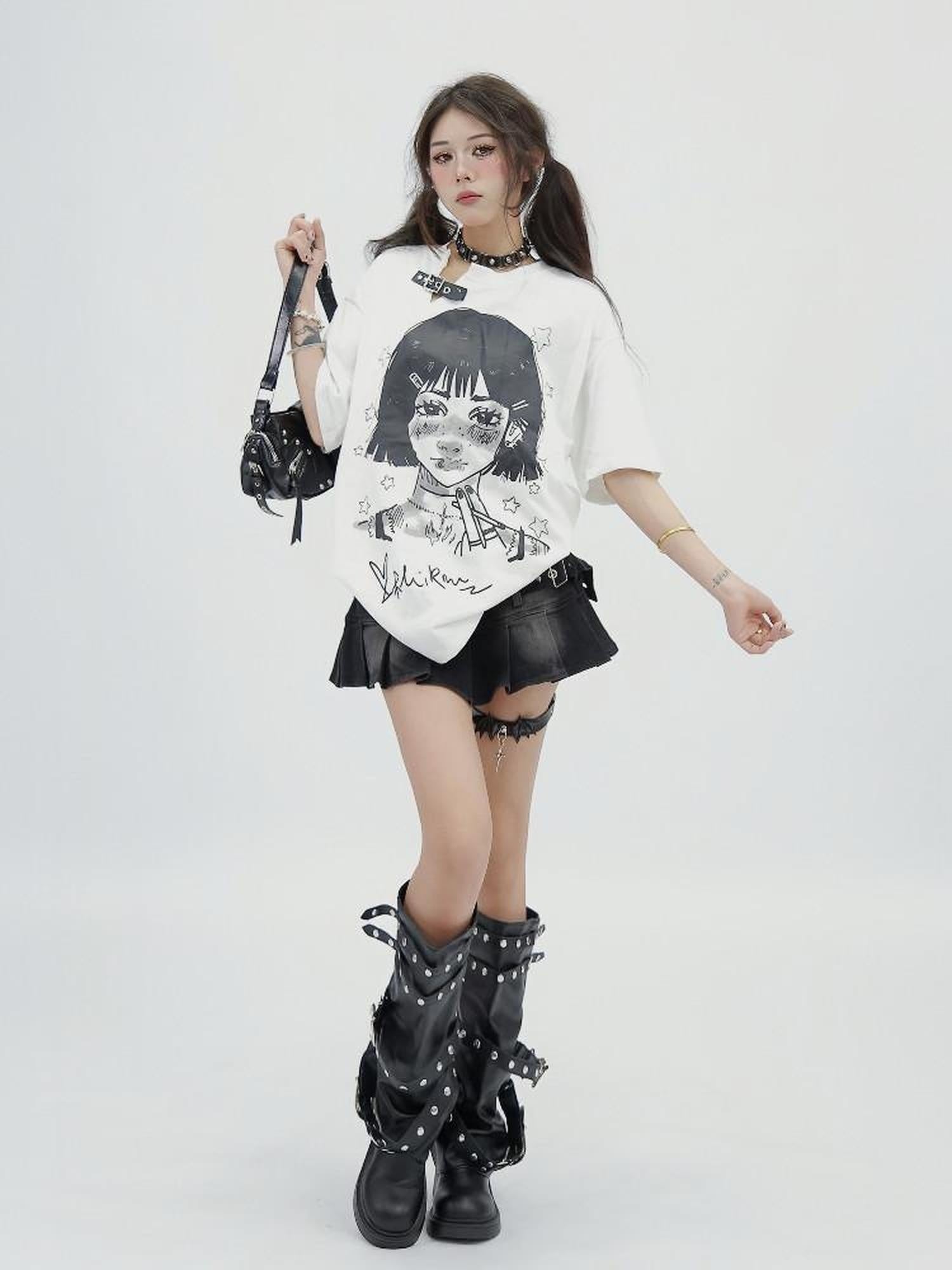 NANAICHILLI 100 Percent Cotton Loose Fit Street Printed White Crewneck Graphic T-Shirt