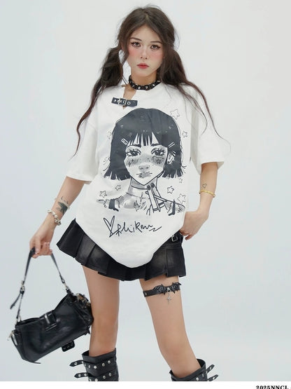 NANAICHILLI 100 Percent Cotton Loose Fit Street Printed White Crewneck Graphic T-Shirt