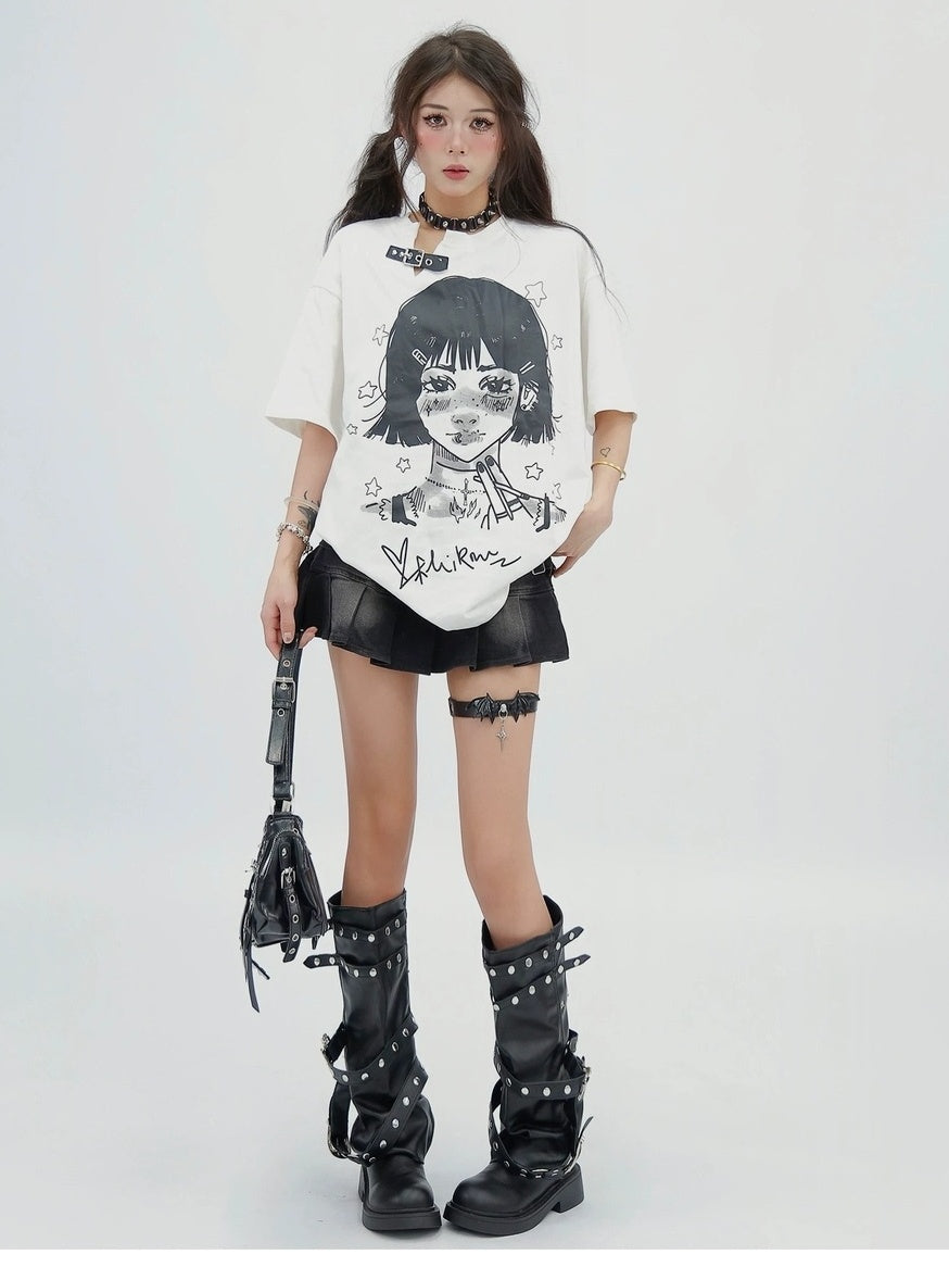 NANAICHILLI 100 Percent Cotton Loose Fit Street Printed White Crewneck Graphic T-Shirt